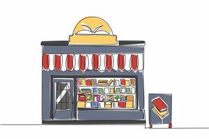 Continuous one line drawing small bookstore seen from outside. Newly started independent business. Influencing reading interest. Independent Bookstore Day. Single line draw illustration design vector