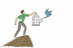 Continuous one line drawing man in casual clothes stood on hill releasing birds. Struggle to high ground to release into the wild. National Go Birding Day. Single line draw illustration design vector