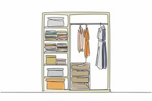 Continuous one line drawing wardrobe with several compartments containing piles of clothes and boxes. Walk in closet in corner of room. Get Organized Day design. Single line draw illustration vector