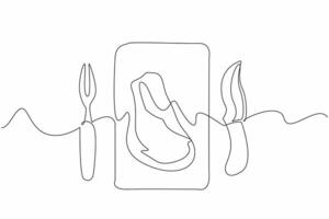 Single continuous line drawing prime rib slices on a square wooden cutting board. The main meal has been served. Hunger quencher. Delicious. National Prime Rib Day design. One line illustration vector