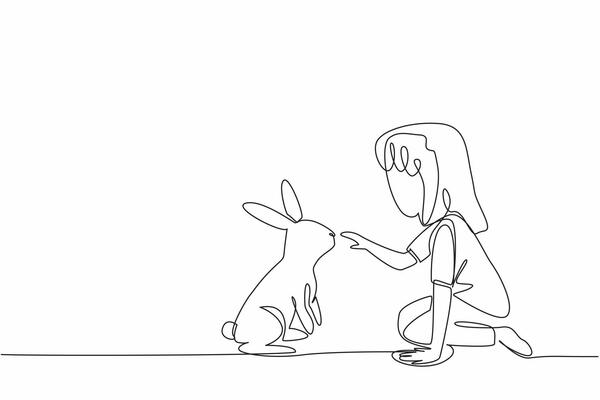 Continuous one line drawing girl sit cross legged and playing with rabbit. Relieve fatigue from studying by playing with rabbit. National Kids and Pets Day design. Single line draw illustration