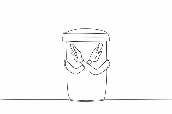 Single continuous line drawing trash can that has hands and makes a crossed gesture. It is forbidden to throw away the food. Finish it off. Stop Food Waste Day. One line design illustration