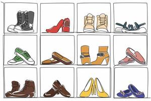 Single continuous line drawing shoe cabinet with compartments filled with various types of shoes. Shoe collection with various purposes. Neat. Get Organized Day. One line design illustration vector