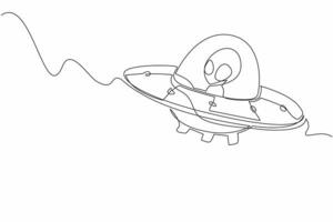 Single continuous line drawing alien riding a ufo. Flying saucer. Long and tiring journey in space. Preparing to invade. Need a place to stop. Fantasy. Alien Day illustration. One line design vector
