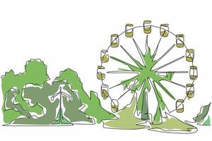 Continuous one line drawing broken and neglected ferris wheel in the amusement park. A place without civilization. International Chernobyl Remembrance Day design illustration. Single line vector