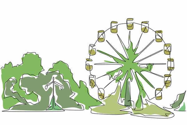 Continuous one line drawing broken and neglected ferris wheel in the amusement park. A place without civilization. International Chernobyl Remembrance Day design illustration. Single line