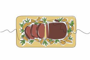 Continuous one line drawing prime rib and some cut into small slices and some fried potato wedges. High protein dish. Delicious. National Prime Rib Day. Single line draw illustration design vector