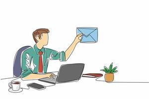 Single one line drawing a businessman sitting at his desk typing on his laptop. Provide offers to top clients via email. Convenience. National Email Day illustration. Continuous line vector