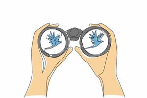 Single one line drawing two hands holding binoculars watching flying birds. Observing animal behavior in the wild. Discovery. National Go Birding Day. Continuous line illustration design graphic vector