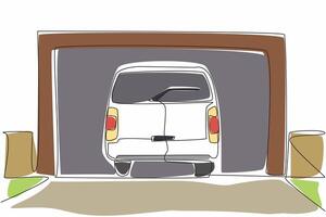 Single continuous line drawing car garage seen from the front and car seen from the back. The car will be parked from the front of the car. National Garage Day design. One line illustration vector
