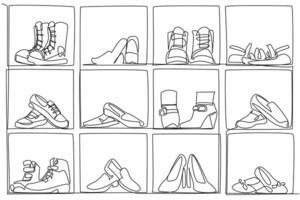 Single continuous line drawing shoe cabinet with compartments filled with various types of shoes. Shoe collection with various purposes. Neat. Get Organized Day illustration. One line design vector