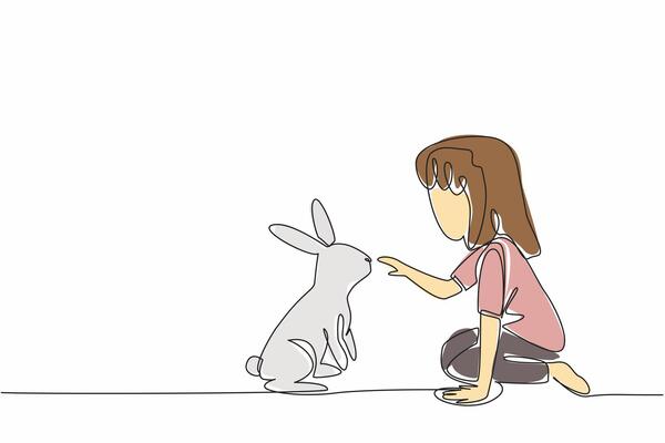Continuous one line drawing girl sit cross legged and playing with rabbit. Relieve fatigue from studying by playing with rabbit. National Kids and Pets Day illustration. Single line draw design