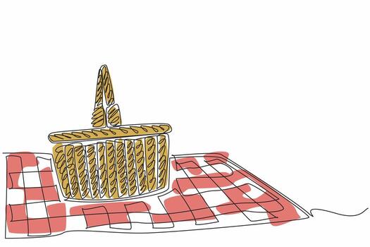 Continuous one line drawing picnic basket made of rattan with a cloth mat base. Setting up simple equipment to spend weekend in spring. National Picnic Day illustration. Single line draw design vector