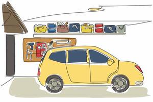 Single continuous line drawing the interior of the car garage and workshop equipment are attached to the wall. Owner preparedness. Organized. National Garage Day. One line illustration design vector