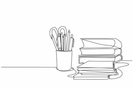 Single one line drawing pencils and other stationery neatly arranged in a pencil case. Marking multiple formulas. Learn and memorize. World Stationery Day graphic. Continuous line design illustration vector