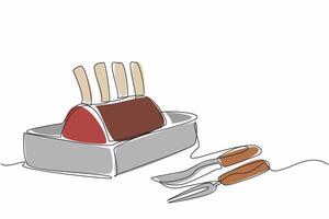Single continuous line drawing prime rib with bones still on in a square pan. High protein dinner. Arouse hunger faster. True deliciousness. National Prime Rib Day. One line illustration design vector