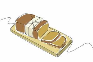 Single one line drawing zucchini bread sliced on a wooden cutting board. Snacks ready to be served to consumers. Healthy. National Zucchini Bread Day illustration. Continuous line design graphic vector