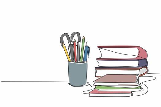 Single one line drawing pencils and other stationery neatly arranged in a pencil case. Marking multiple formulas. Learn and memorize. World Stationery Day illustration. Continuous line design graphic vector