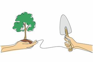 Single continuous line drawing hand holding tree with mound of soil and shovel. Planting dense trees is very good for earth. Reduce pollution. National Arbor Day illustration. One line design vector