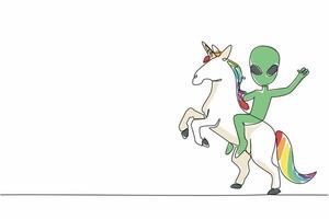 Single one line drawing alien riding a unicorn. Aliens really enjoy making friends with unicorns. Friendship in space. Mystery story. Cute. Myth. Alien Day. Continuous line illustration design graphic vector
