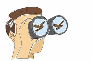 Single one line drawing a man holds binoculars with one of hands and watches an eagle fly. Observing how to prey on prey animals. National Go Birding Day. Continuous line illustration design graphic vector