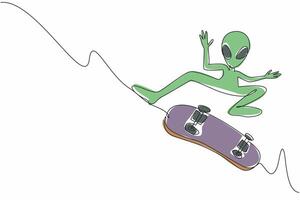 Single continuous line drawing alien is playing skateboard with pose jump and perform tricks. Likes extreme sports that get the adrenaline pumping. Alien Day. One line illustration design vector