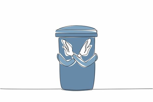 Single continuous line drawing trash can that has hands and makes a crossed gesture. It is forbidden to throw away the food. Finish it off. Stop Food Waste Day illustration. One line design