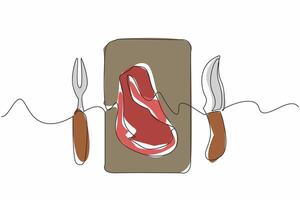 Single continuous line drawing prime rib slices on a square wooden cutting board. The main meal has been served. Hunger quencher. Delicious. National Prime Rib Day design. One line vector