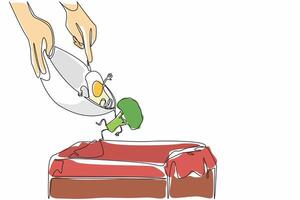 Single continuous line drawing hands throwing fried eggs and broccoli from the bowl into trash. Food who do not like to throw away. Bad habits. Stop Food Waste Day illustration. One line design vector