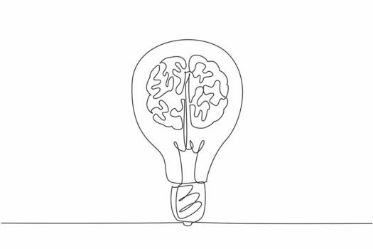 Single continuous line drawing the light bulb with a brain symbol in it. Brilliance of thinking produces innovative solutions. World Intellectual Property Day. One line design illustration vector