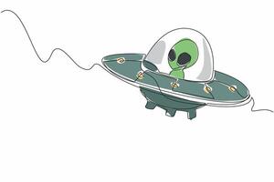 Single continuous line drawing alien riding a ufo. Flying saucer. Long and tiring journey in space. Preparing to invade. Need a place to stop. Fantasy. Alien Day. One line illustration design vector