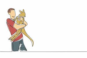 Single continuous line drawing man hugging kangaroo. Cared for since they were small, it is time to release them into their natural habitat. Hug an Australian Day illustration. One line design vector