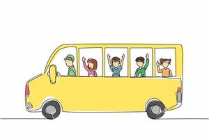Continuous one line drawing school bus with driver and students. A cheerful journey from home to school. A fun day. School Bus Driver Appreciation Day design. Single line draw illustration vector