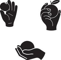 Illustration of three stylized hand silhouettes holding or presenting different circular objects. vector
