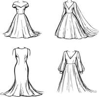 Four black-and-white sketches of elegant dresses. vector