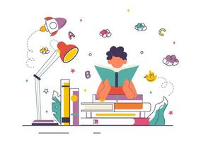 Child reading surrounded by books and lamp vector