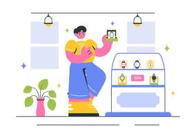Timepiece Collection Illustration Featuring a Watch Store Display in Flat Design vector