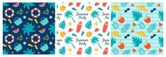 Seamless Tropical Paradise Pattern with Vacation and Beach Icons in Cartoon Style vector