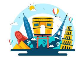 Happy World Tourism Day Illustration with Globe and Iconic Global Landmarks in Flat Cartoon Background vector