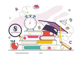 Art of September 8 World Literacy Day with Books, Letters, and Writing Tools vector