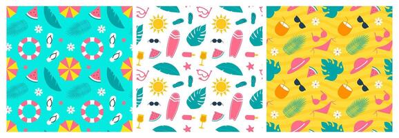 Seamless Pattern Design of Summer Vibes Featuring Palm Trees, Suns, and Beaches in Flat Cartoon vector