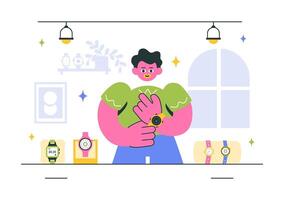 Watch Retail Store Illustration with Elegant Wristwatch Models in Flat Cartoon Style vector
