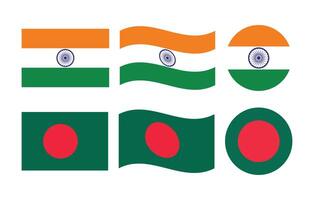 India and Bangladesh National Flags in Various Styles. vector