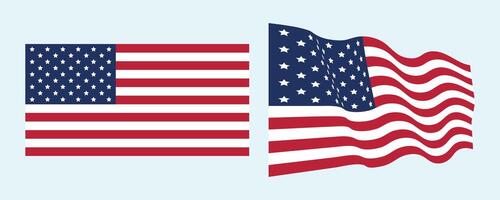 American Flags Fluttering Effect in Flat Design, One Static, One Waving. vector