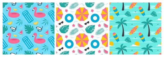 Summer patterns featuring flamingos and surfboards vector