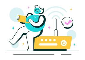 Wireless Internet Security Illustration with Devices, Password Locks, and Encrypted Connections in Flat Cartoon Style vector