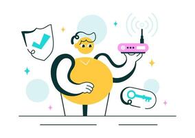 Cartoon of WiFi Security Concept with Laptop, Router, and Shield Icons vector