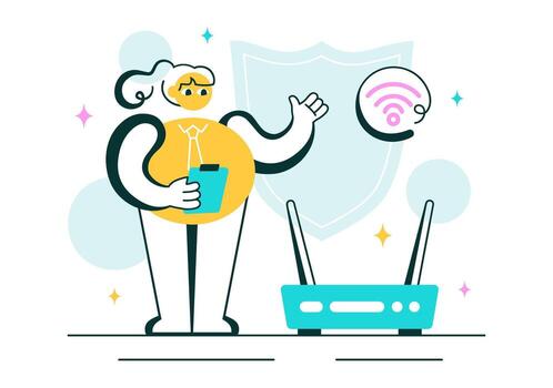 Flat Illustration of Encrypted WiFi Connection with Cybersecurity Concept vector