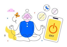 Flat Cartoon of People Relaxing During Digital Detox from Phones, Social Media, and Internet vector
