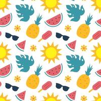 Doodle Style Seamless Summer Pattern Featuring Sun, Surf, and Sand Elements vector
